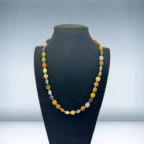 Stone Beaded Necklace Tigers Eye Multicolored Stones Mid Century Modern Boho 20” - Picture 1 of 5